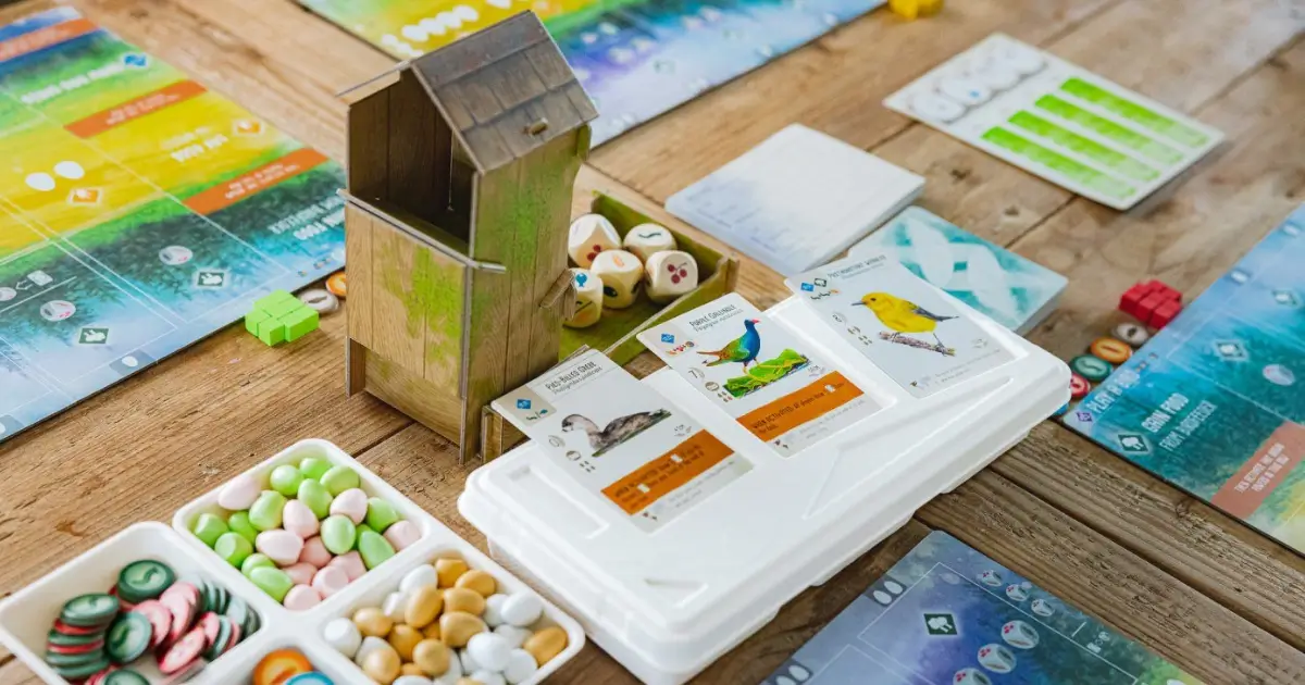 Wingspan and Crafts Making Bird Feeders and Playing Wingspan Game tokens and bird cards with a small dice holder on a table for the board game